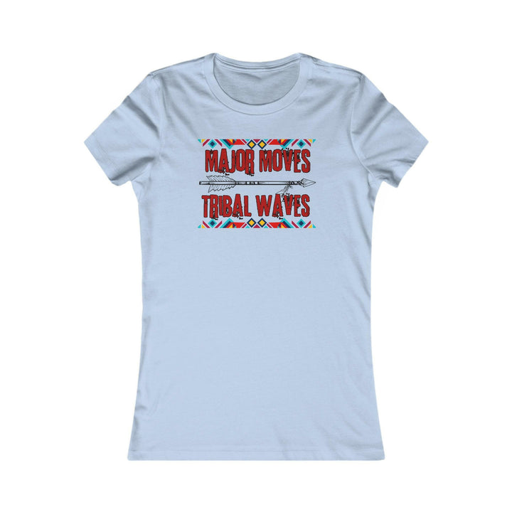 Baby Blue T-shirt with the phrase 'Major Moves Tribal Waves' in red, with colorful tribal patterns. Embraces movement, power, and cultural heritage.