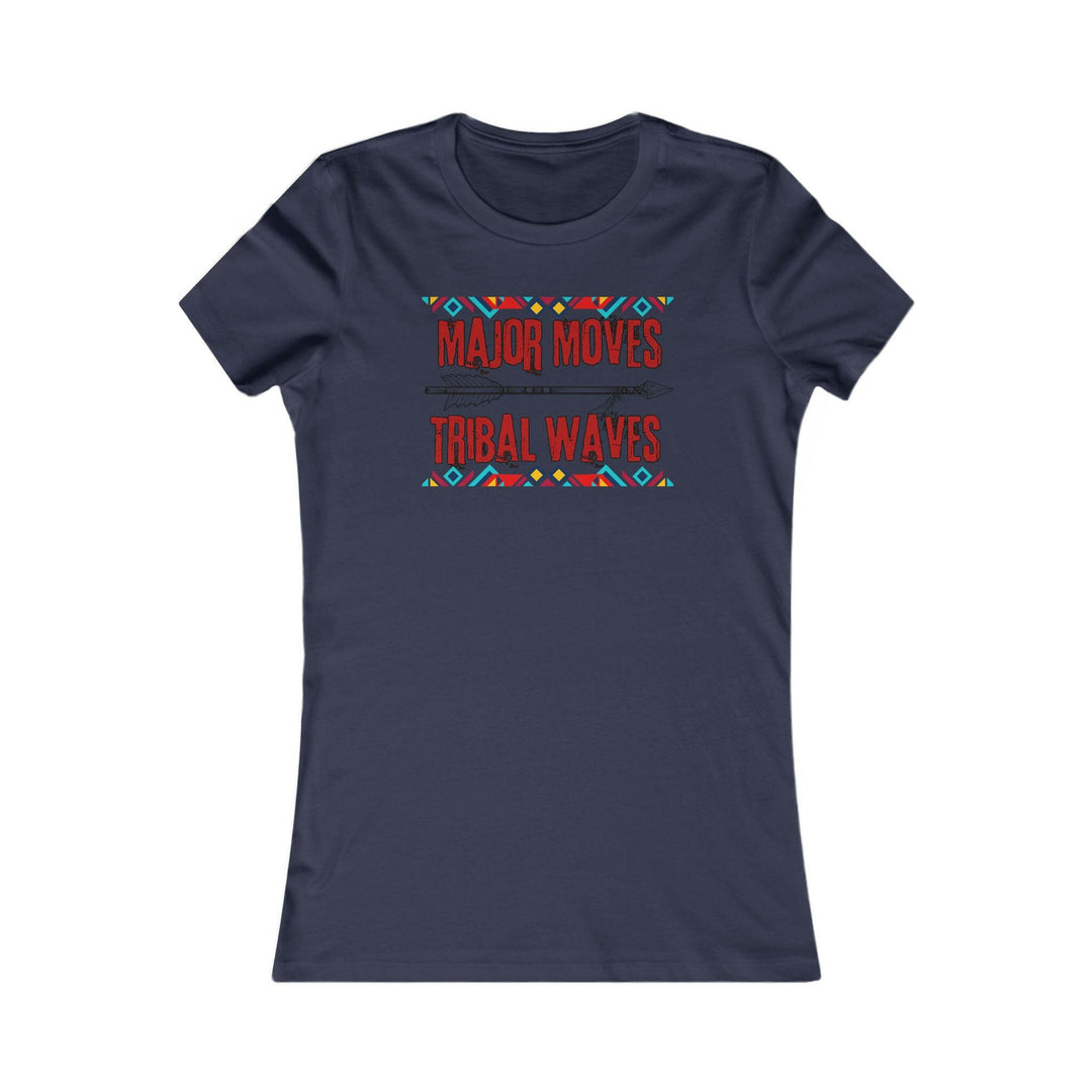 Navy Blue T-shirt with the phrase 'Major Moves Tribal Waves' in red, with colorful tribal patterns. Embraces movement, power, and cultural heritage.