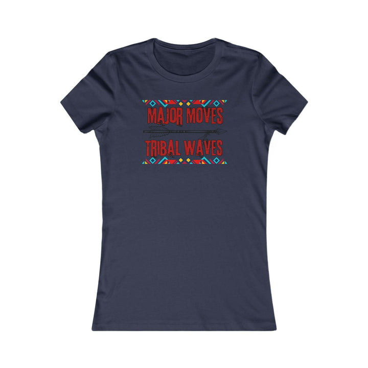 Navy Blue T-shirt with the phrase 'Major Moves Tribal Waves' in red, with colorful tribal patterns. Embraces movement, power, and cultural heritage.