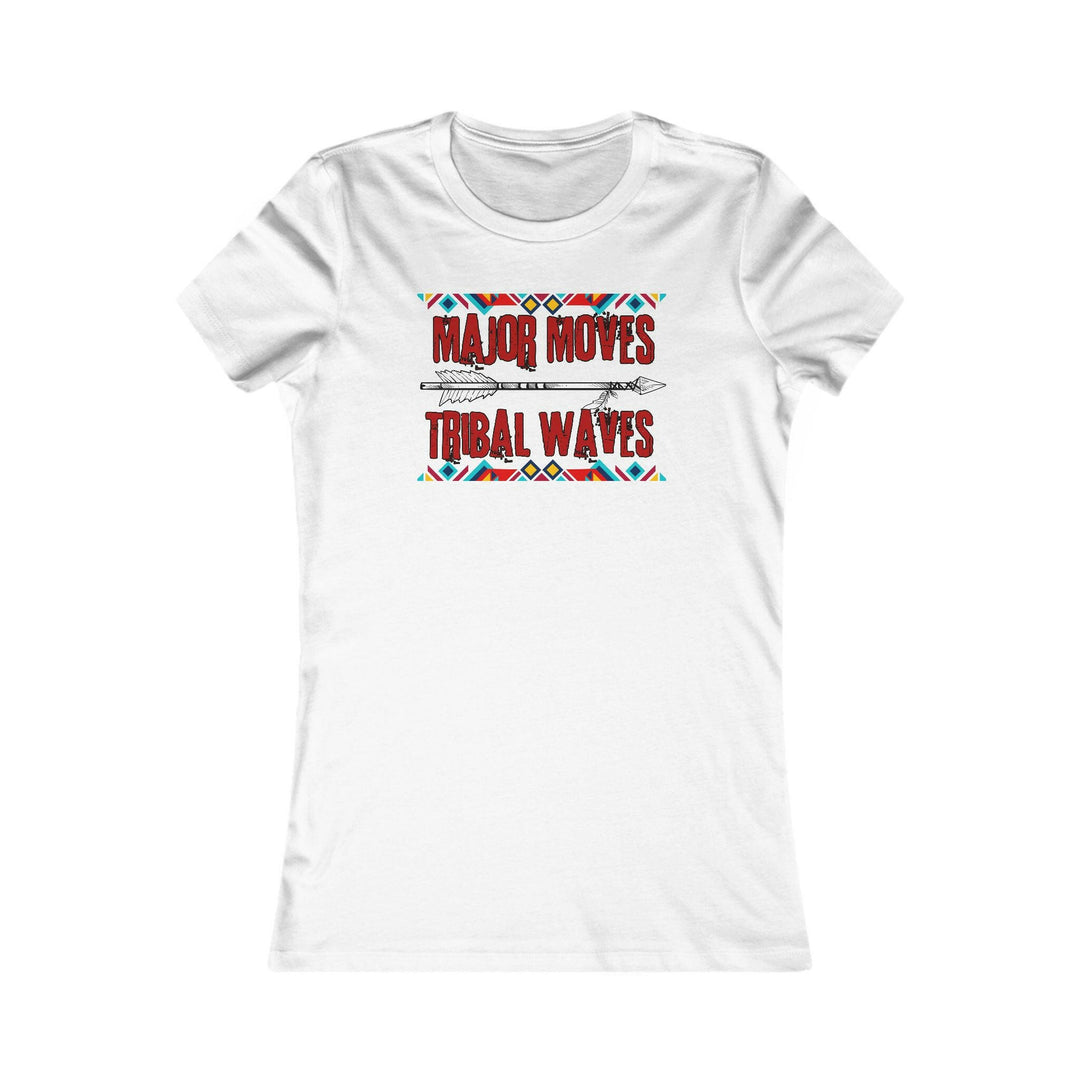 White T-shirt with the phrase 'Major Moves Tribal Waves' in red, with colorful tribal patterns. Embraces movement, power, and cultural heritage.