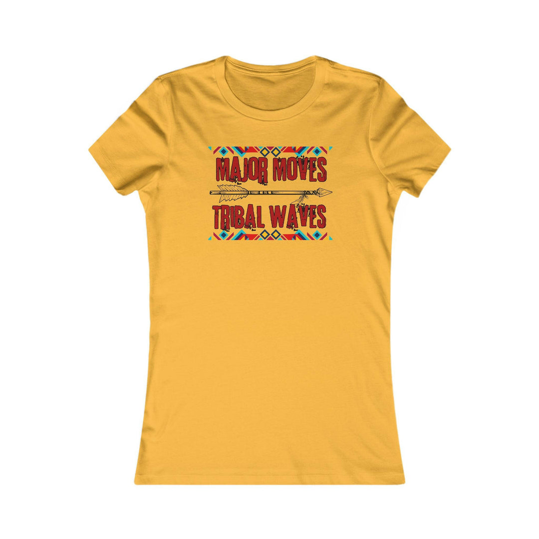 Gold T-shirt with the phrase 'Major Moves Tribal Waves' in red, with colorful tribal patterns. Embraces movement, power, and cultural heritage.