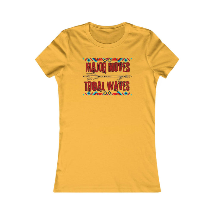 Gold T-shirt with the phrase 'Major Moves Tribal Waves' in red, with colorful tribal patterns. Embraces movement, power, and cultural heritage.