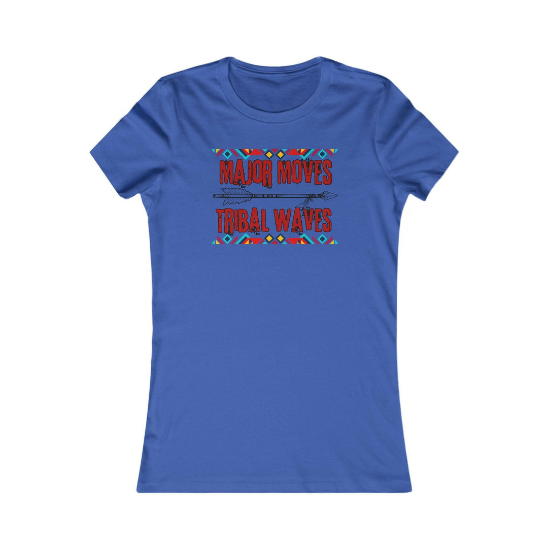 Royal Blue T-shirt with the phrase 'Major Moves Tribal Waves' in red, with colorful tribal patterns. Embraces movement, power, and cultural heritage.