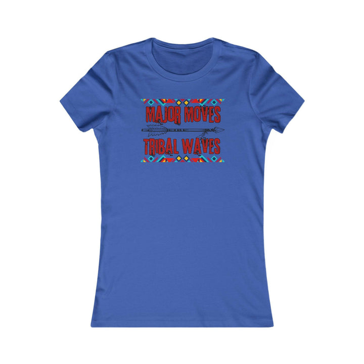 Royal Blue T-shirt with the phrase 'Major Moves Tribal Waves' in red, with colorful tribal patterns. Embraces movement, power, and cultural heritage.