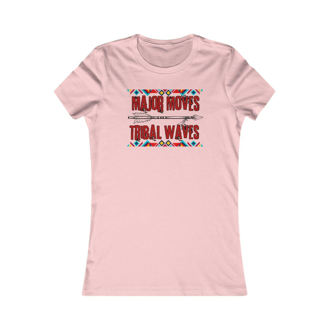 Pink T-shirt with the phrase 'Major Moves Tribal Waves' in red, with colorful tribal patterns. Embraces movement, power, and cultural heritage.