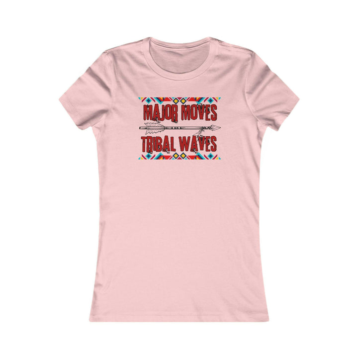 Pink T-shirt with the phrase 'Major Moves Tribal Waves' in red, with colorful tribal patterns. Embraces movement, power, and cultural heritage.