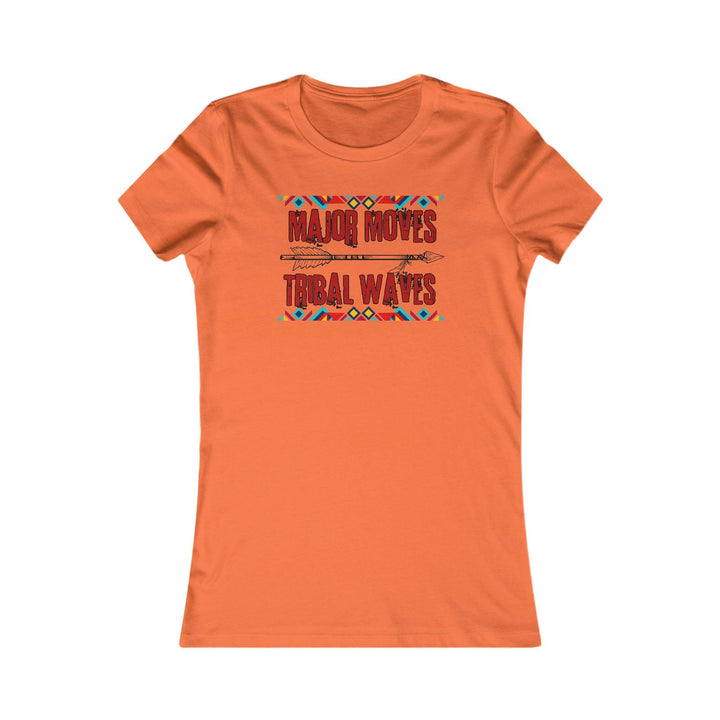 Orange T-shirt with the phrase 'Major Moves Tribal Waves' in red, with colorful tribal patterns. Embraces movement, power, and cultural heritage.