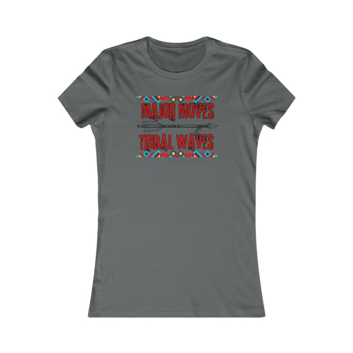 Asphalt Grey T-shirt with the phrase 'Major Moves Tribal Waves' in red, with colorful tribal patterns. Embraces movement, power, and cultural heritage.