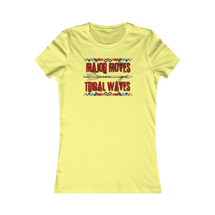 Yellow T-shirt with the phrase 'Major Moves Tribal Waves' in red, with colorful tribal patterns. Embraces movement, power, and cultural heritage.