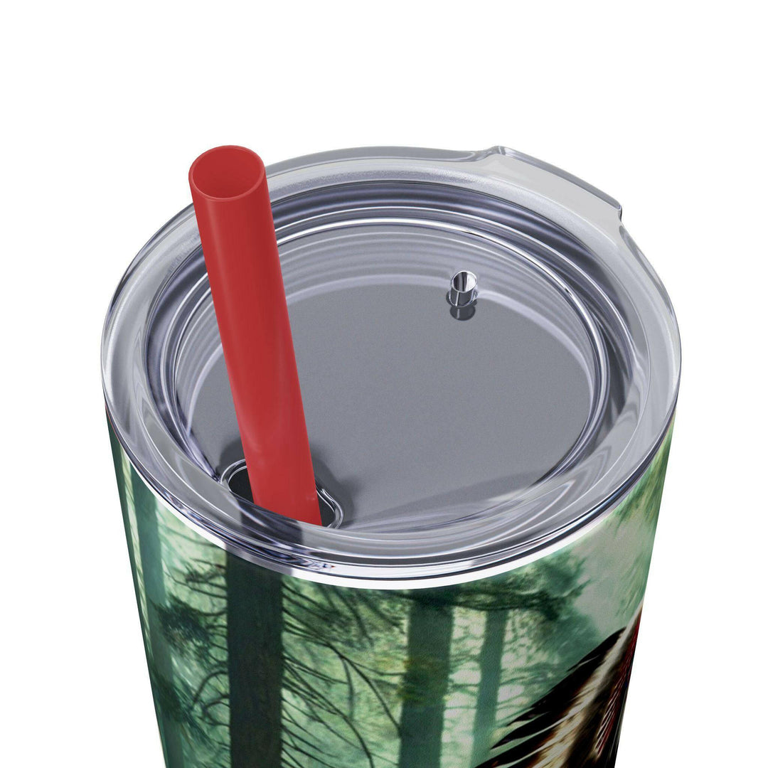 Stainless steel tumbler featuring a striking image of a Native American warrior in traditional regalia with a young child, set against a glowing green forest background. Perfect for honoring heritage and resilience.