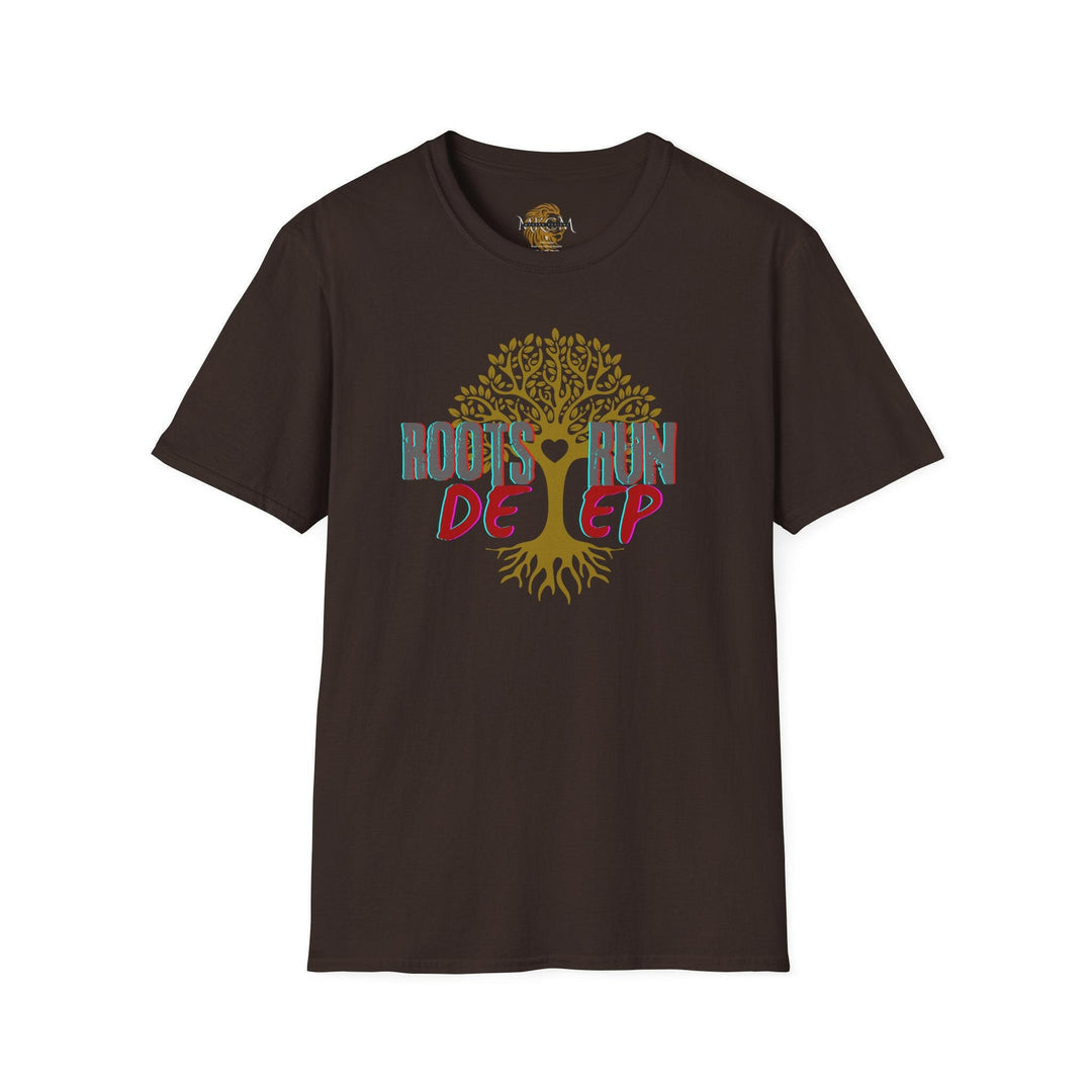 T-shirt with roots run deep graphic, fashionable apparel