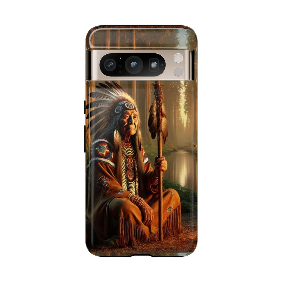 Phone case featuring a serene Native American elder holding a staff by a tranquil river. Detailed art for heritage appreciation.