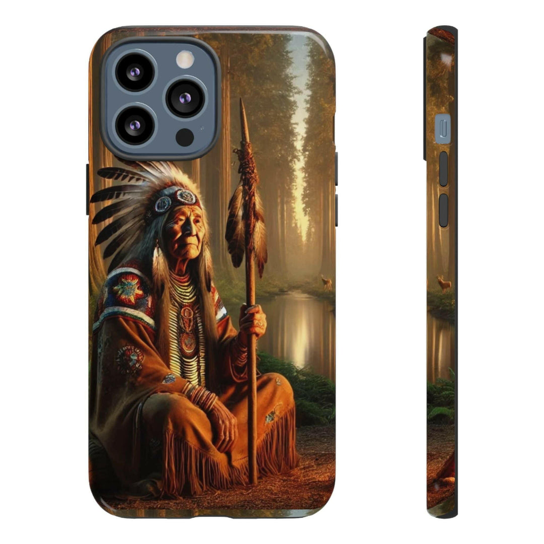 Phone case featuring a serene Native American elder holding a staff by a tranquil river. Detailed art for heritage appreciation.