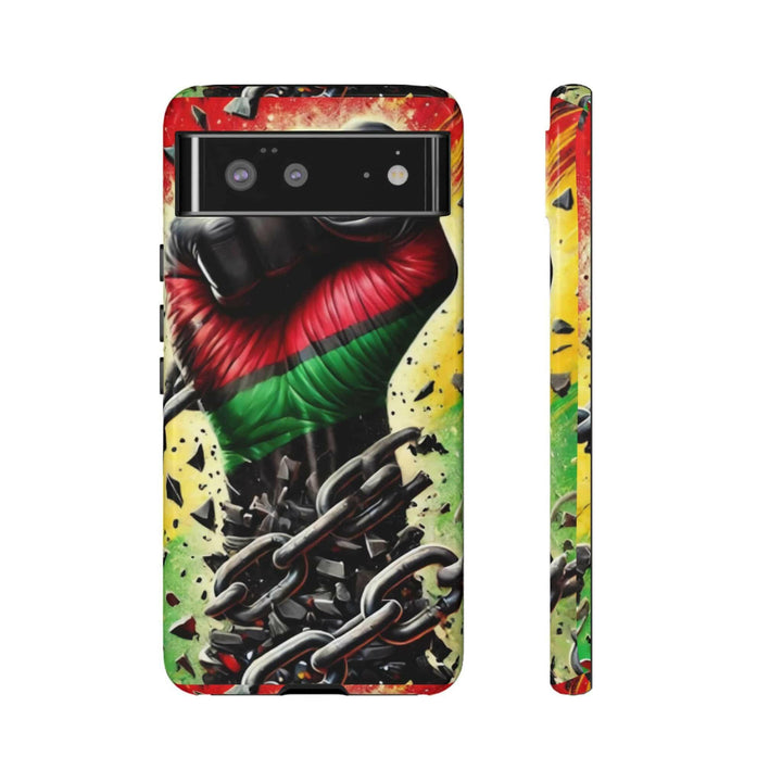 Black Pan-African fist phone case with chains breaking free, symbolizing strength and liberation. Durable and stylish for cultural expression.