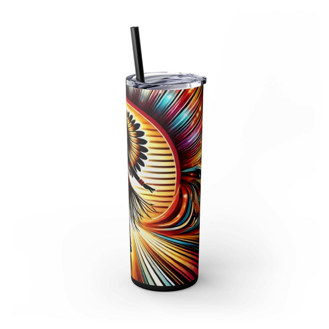 Stainless steel tumbler with a dynamic silhouette of a Native American dancer in a vibrant sunburst background. A stunning design celebrating cultural artistry and tradition.