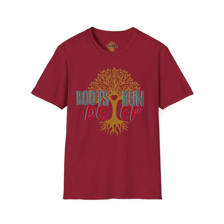 T-shirt with roots run deep graphic, fashionable apparel