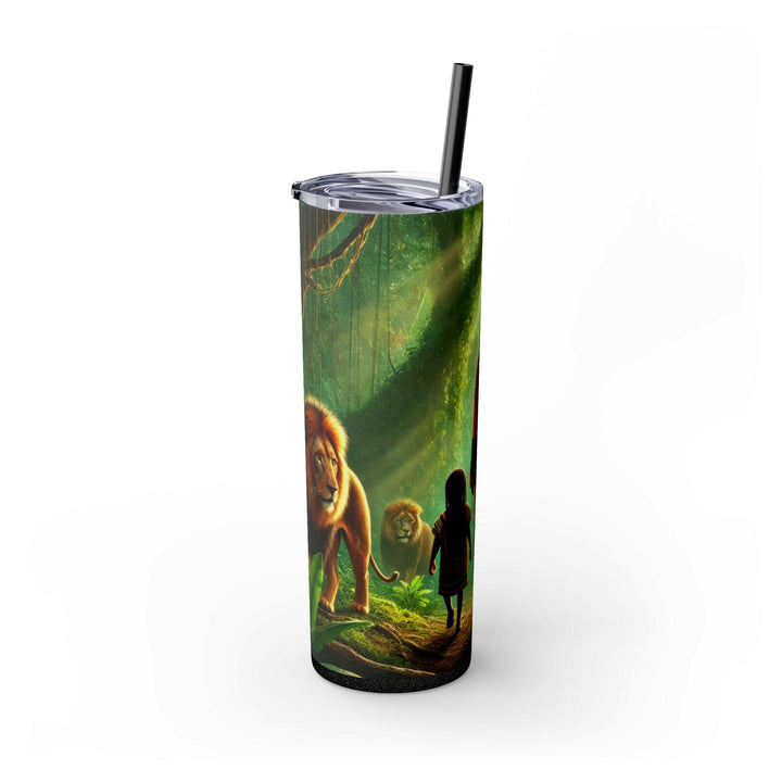 Stainless steel tumbler featuring a serene image of a Rastafarian adult and child walking through a lush green forest. A meaningful design symbolizing unity and heritage.