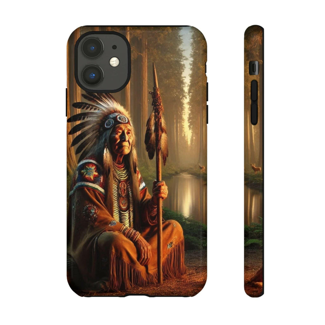 Phone case featuring a serene Native American elder holding a staff by a tranquil river. Detailed art for heritage appreciation.