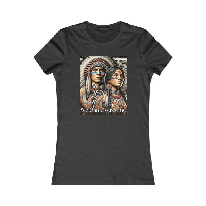 Dark Heather Grey T-shirt with a striking illustration of a Native American man and woman, titled 'We Can Overcome.' A tribute to heritage and cultural pride.