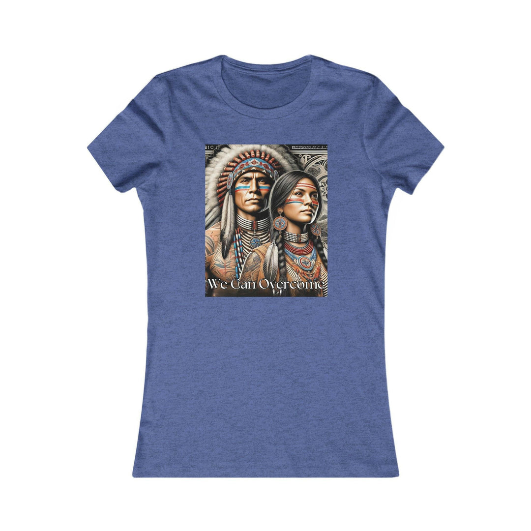 Heather Royal Blue T-shirt with a striking illustration of a Native American man and woman, titled 'We Can Overcome.' A tribute to heritage and cultural pride.