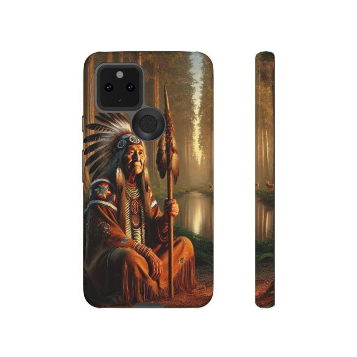 Phone case featuring a serene Native American elder holding a staff by a tranquil river. Detailed art for heritage appreciation.