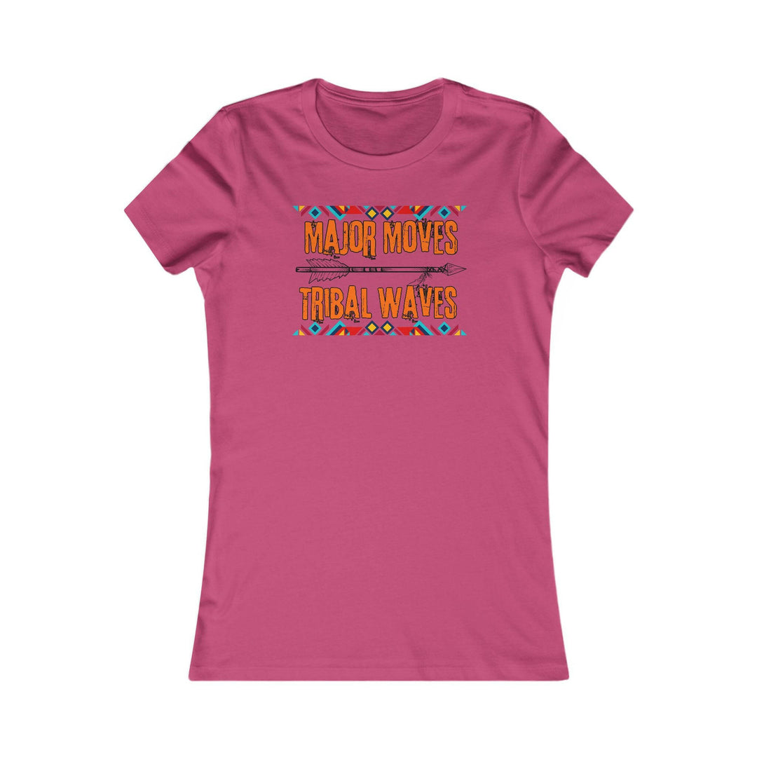 Berry T-shirt with the phrase 'Major Moves Tribal Waves' in orange, with colorful tribal patterns. Embraces movement, power, and cultural heritage.