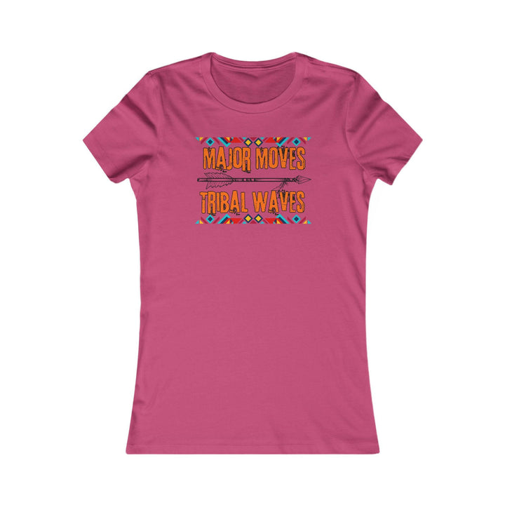 Berry T-shirt with the phrase 'Major Moves Tribal Waves' in orange, with colorful tribal patterns. Embraces movement, power, and cultural heritage.