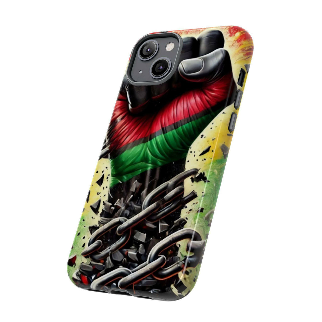 Black Pan-African fist phone case with chains breaking free, symbolizing strength and liberation. Durable and stylish for cultural expression.