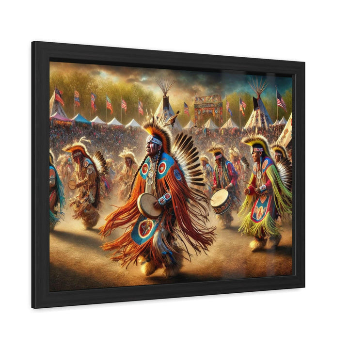 A vibrant framed artwork capturing the energy and colors of a Native American powwow celebration, with dancers in traditional regalia.