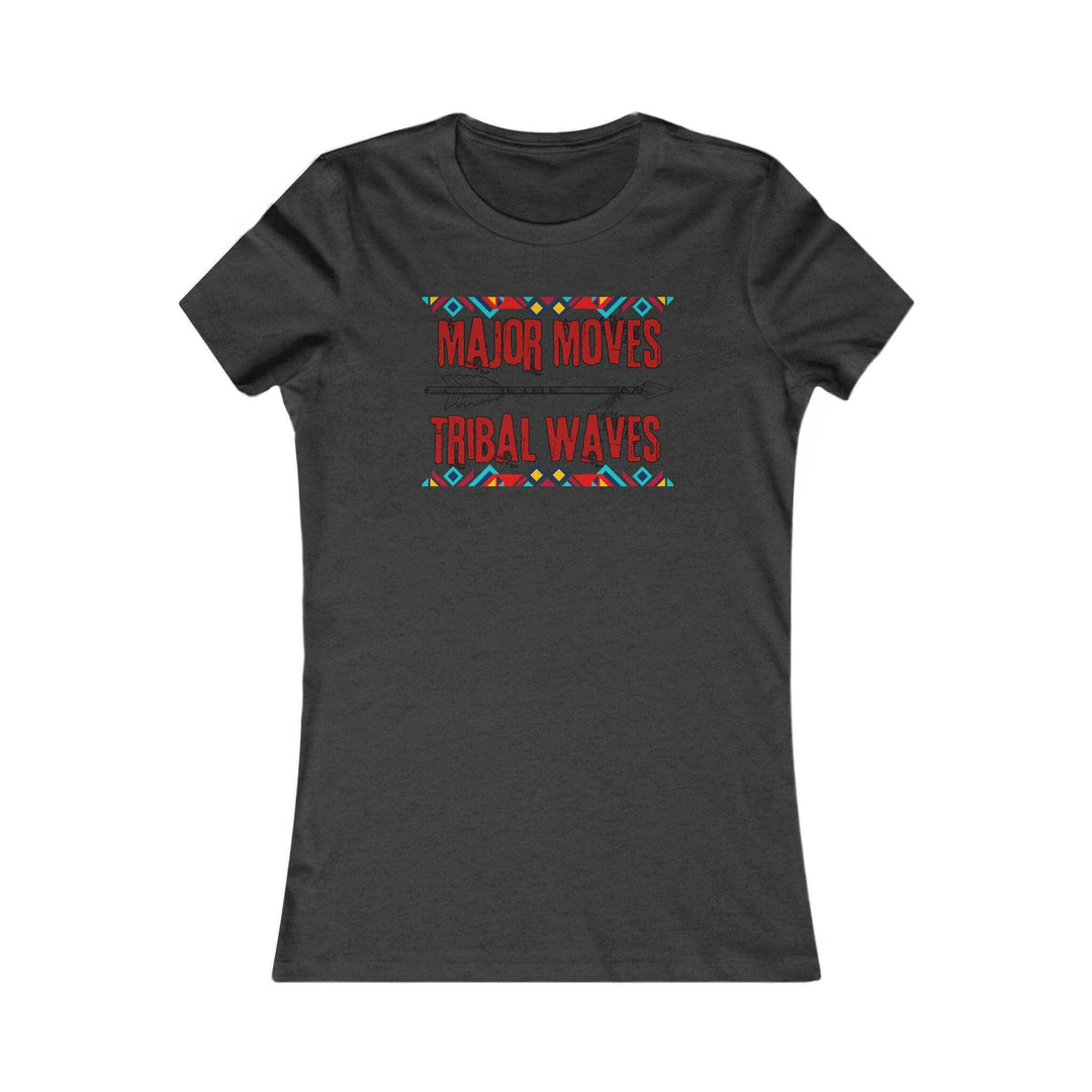 Dark Heather Grey T-shirt with the phrase 'Major Moves Tribal Waves' in red, with colorful tribal patterns. Embraces movement, power, and cultural heritage.