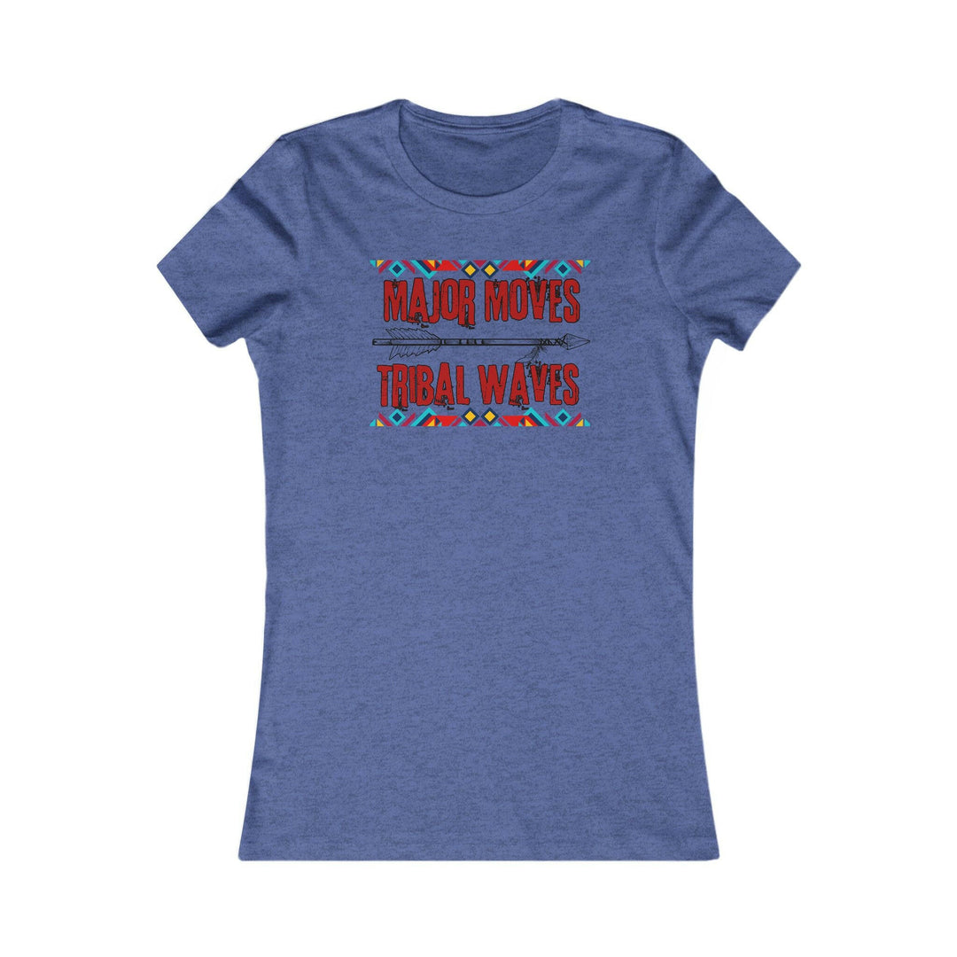 Heather royal blue T-shirt with the phrase 'Major Moves Tribal Waves' in red, with colorful tribal patterns. Embraces movement, power, and cultural heritage.