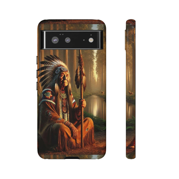 Phone case featuring a serene Native American elder holding a staff by a tranquil river. Detailed art for heritage appreciation.