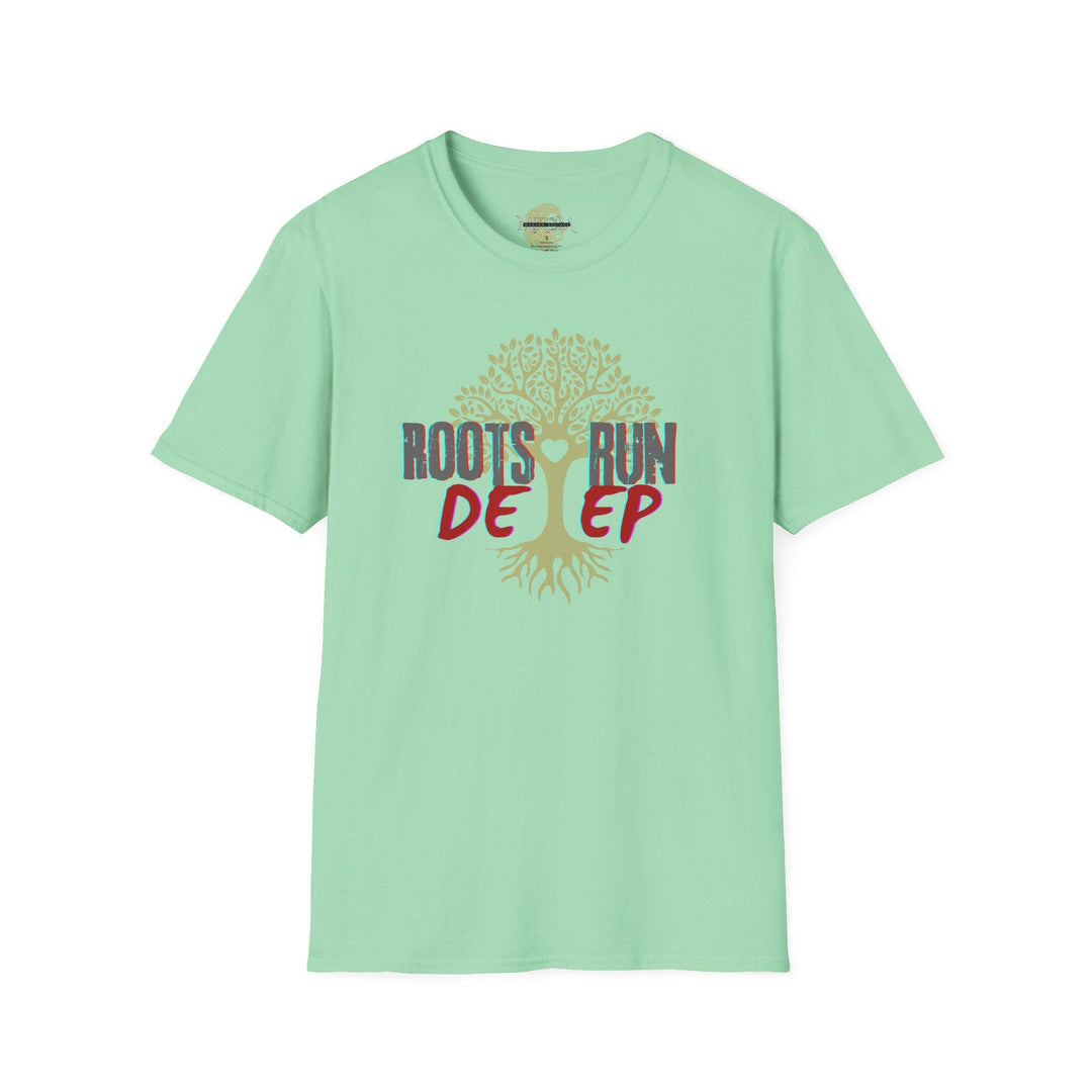 T-shirt with roots run deep graphic, fashionable apparel