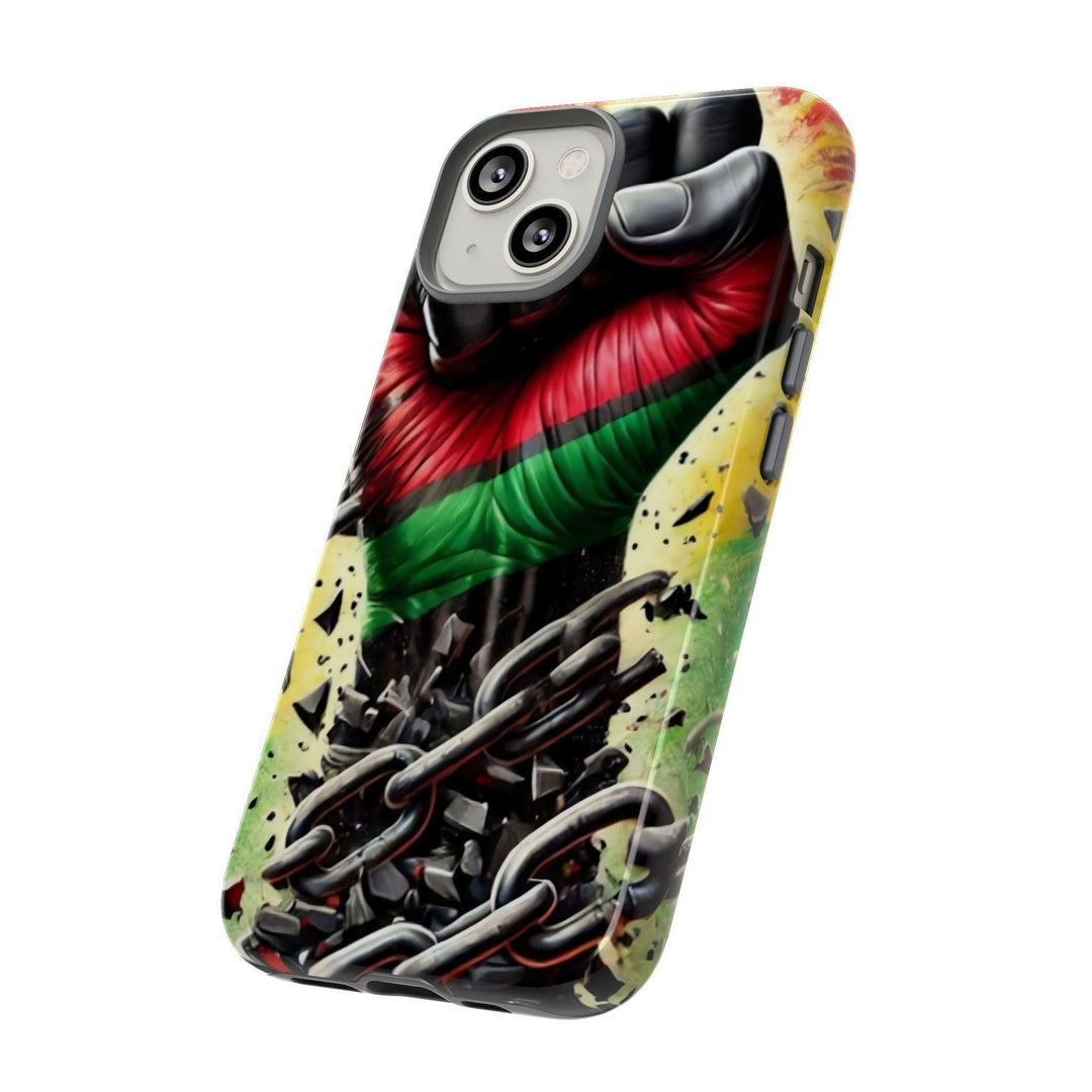 Black Pan-African fist phone case with chains breaking free, symbolizing strength and liberation. Durable and stylish for cultural expression.