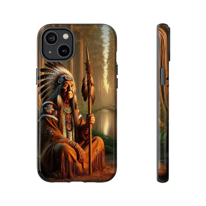 Phone case featuring a serene Native American elder holding a staff by a tranquil river. Detailed art for heritage appreciation.