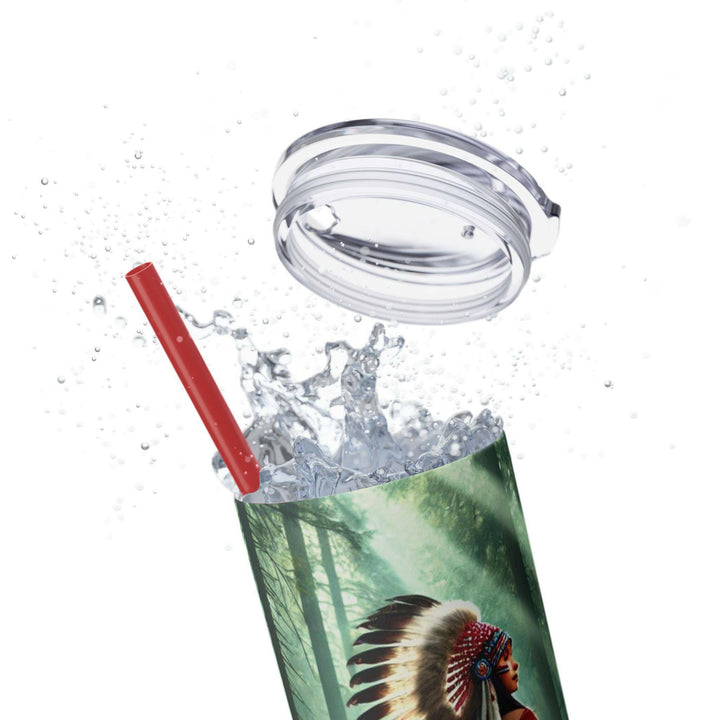 Stainless steel tumbler featuring a striking image of a Native American warrior in traditional regalia with a young child, set against a glowing green forest background. Perfect for honoring heritage and resilience.