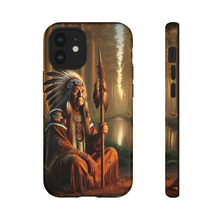 Phone case featuring a serene Native American elder holding a staff by a tranquil river. Detailed art for heritage appreciation.