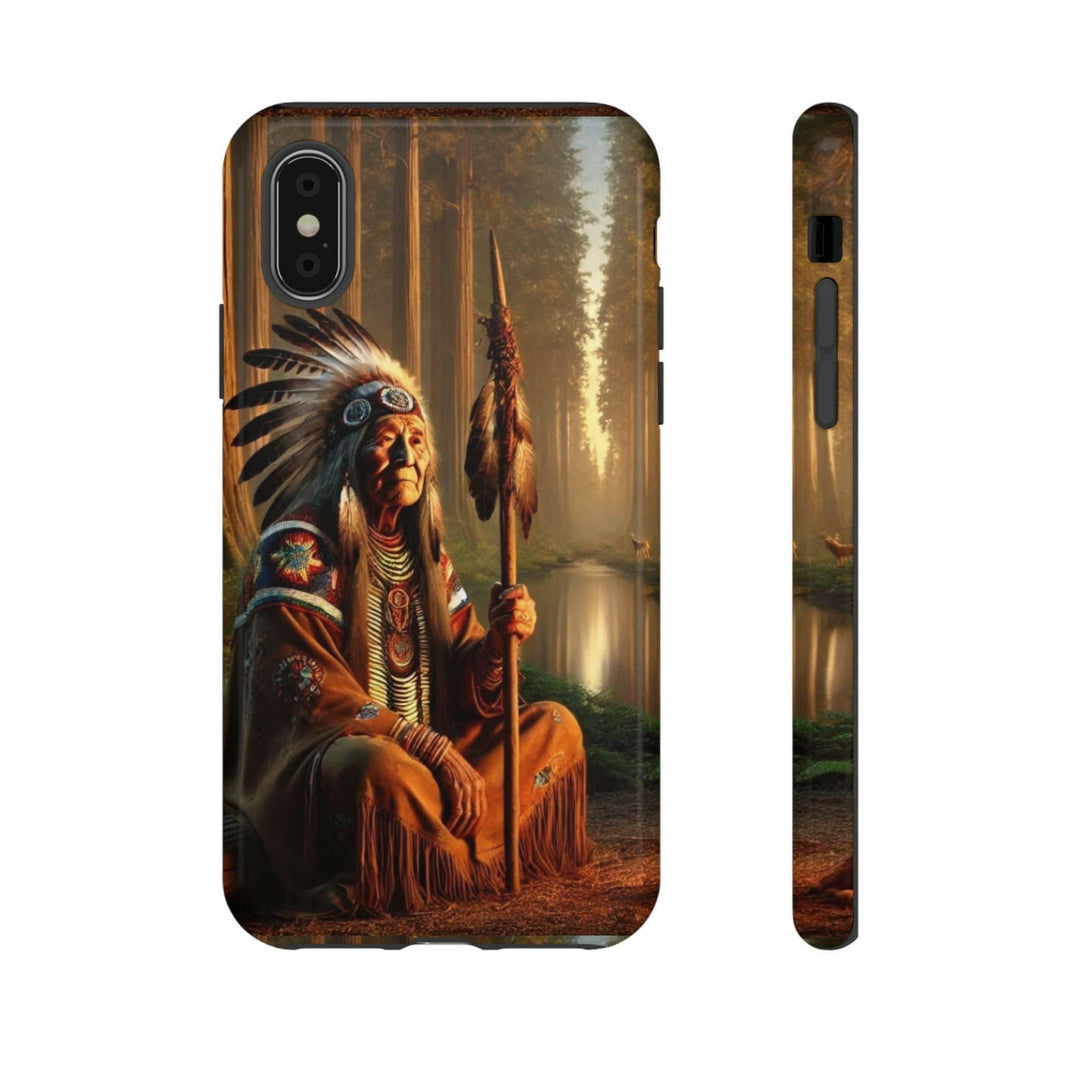 Phone case featuring a serene Native American elder holding a staff by a tranquil river. Detailed art for heritage appreciation.