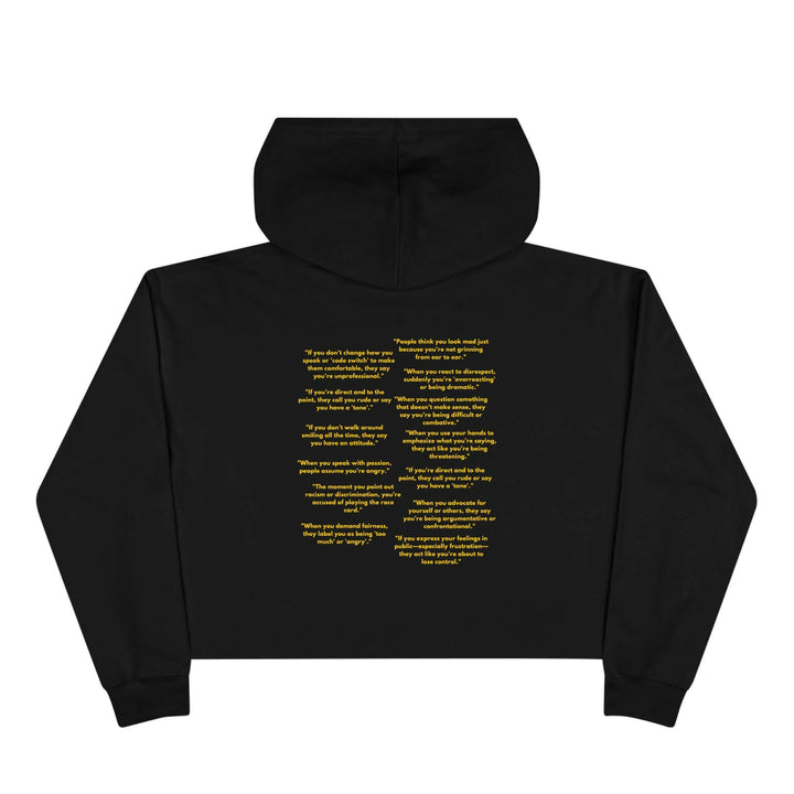 Crop hoodie showcasing Black culture and power statement, perfect for those who are not aggressive but just passionate.