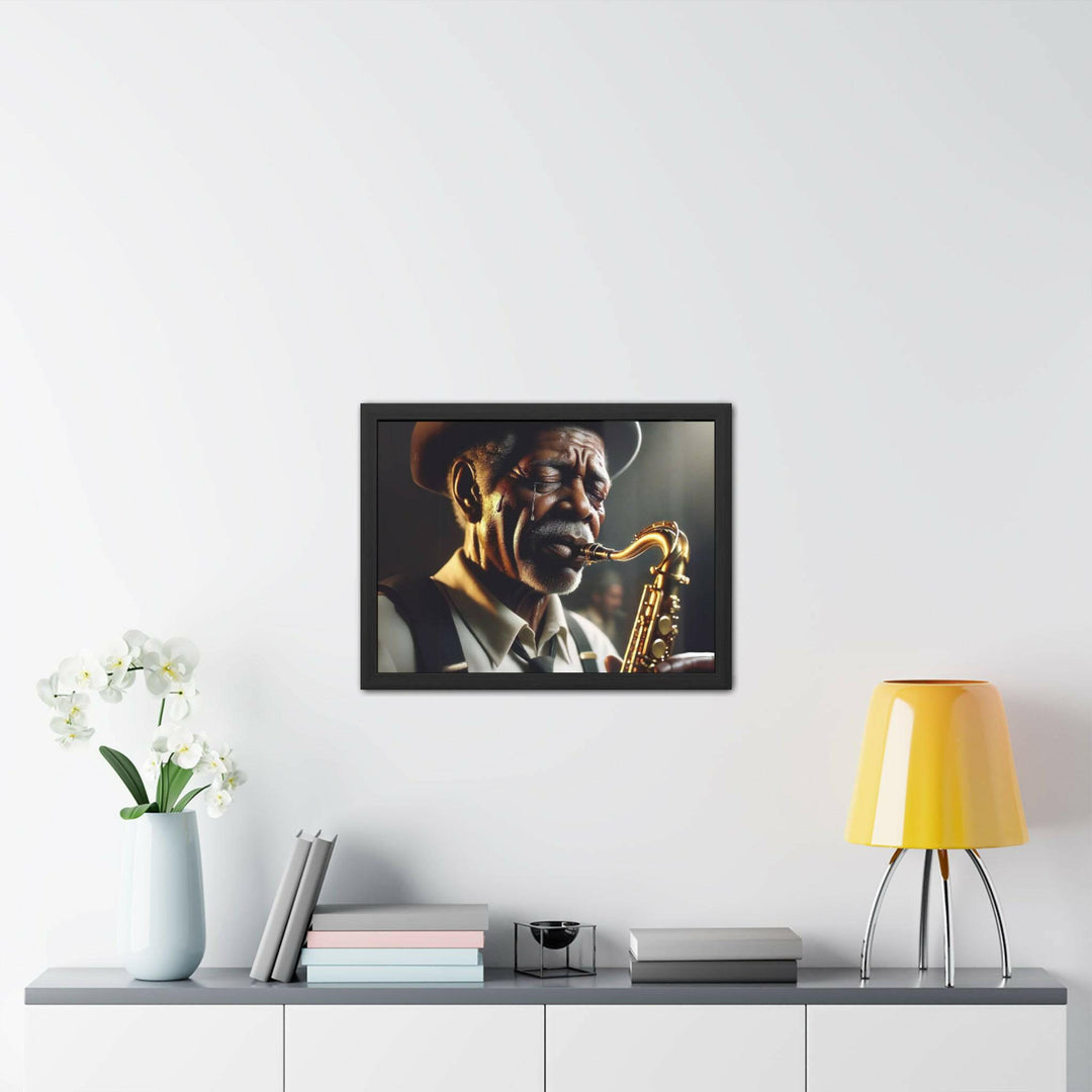 A soulful framed artwork of an elderly jazz musician playing the saxophone, evoking deep emotions through the depiction of music and expression.