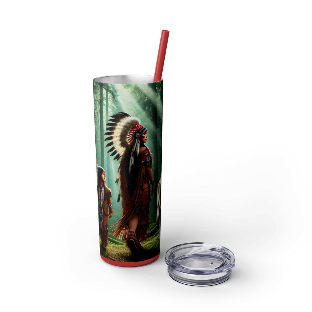 Stainless steel tumbler featuring a striking image of a Native American warrior in traditional regalia with a young child, set against a glowing green forest background. Perfect for honoring heritage and resilience.