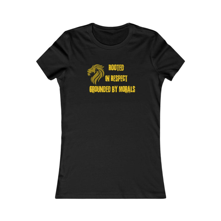 Black T-shirt with a golden lion symbol and the powerful phrase 'Rooted in Respect, Grounded by Morals.' Perfect for expressing values of strength, integrity, and pride.