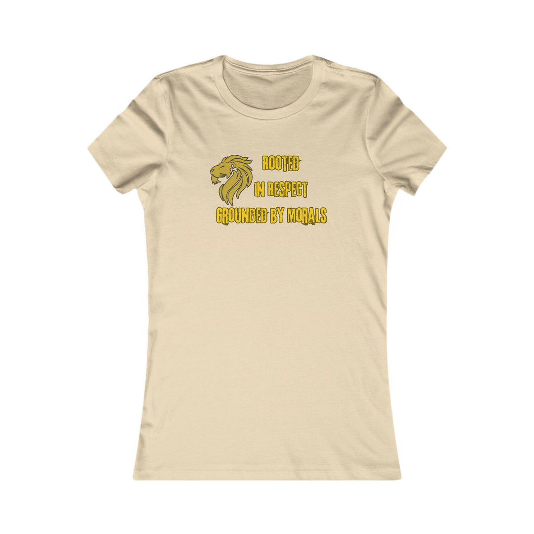 Soft Cream T-shirt with a golden lion symbol and the powerful phrase 'Rooted in Respect, Grounded by Morals.' Perfect for expressing values of strength, integrity, and pride.