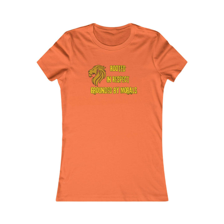 Orange T-shirt with a golden lion symbol and the powerful phrase 'Rooted in Respect, Grounded by Morals.' Perfect for expressing values of strength, integrity, and pride.