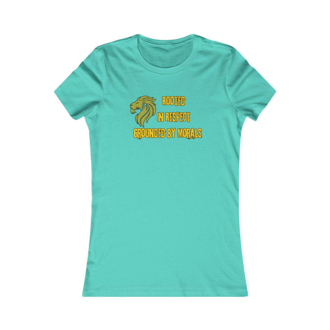 Teal T-shirt with a golden lion symbol and the powerful phrase 'Rooted in Respect, Grounded by Morals.' Perfect for expressing values of strength, integrity, and pride.