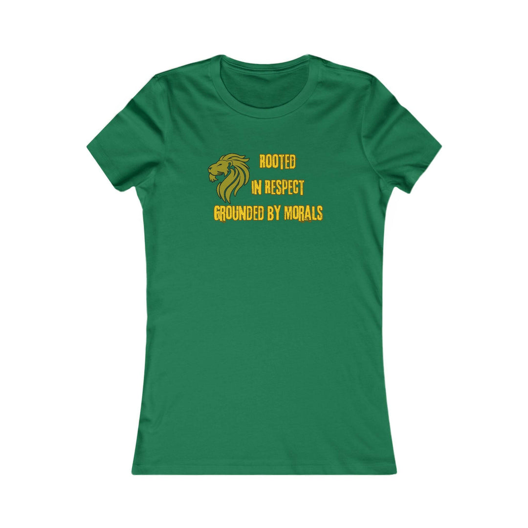 Kelly Green T-shirt with a golden lion symbol and the powerful phrase 'Rooted in Respect, Grounded by Morals.' Perfect for expressing values of strength, integrity, and pride.