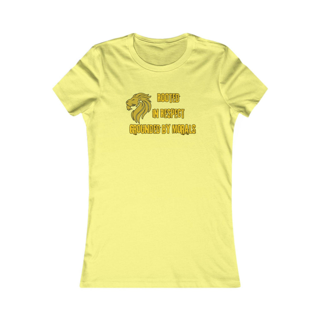 Yellow T-shirt with a golden lion symbol and the powerful phrase 'Rooted in Respect, Grounded by Morals.' Perfect for expressing values of strength, integrity, and pride.