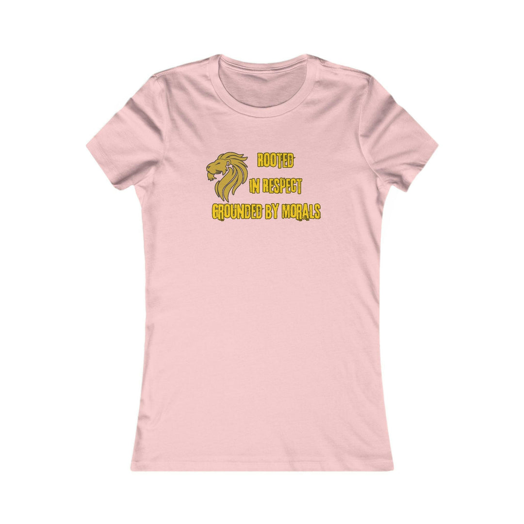 Pink T-shirt with a golden lion symbol and the powerful phrase 'Rooted in Respect, Grounded by Morals.' Perfect for expressing values of strength, integrity, and pride.