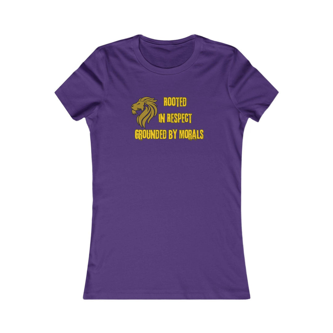 Purple T-shirt with a golden lion symbol and the powerful phrase 'Rooted in Respect, Grounded by Morals.' Perfect for expressing values of strength, integrity, and pride.