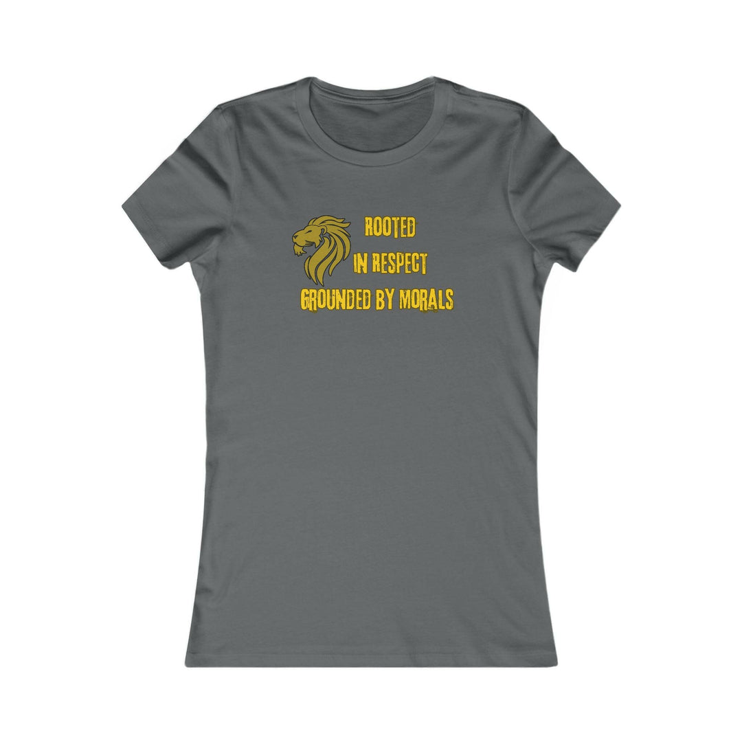 Asphalt Grey T-shirt with a golden lion symbol and the powerful phrase 'Rooted in Respect, Grounded by Morals.' Perfect for expressing values of strength, integrity, and pride.